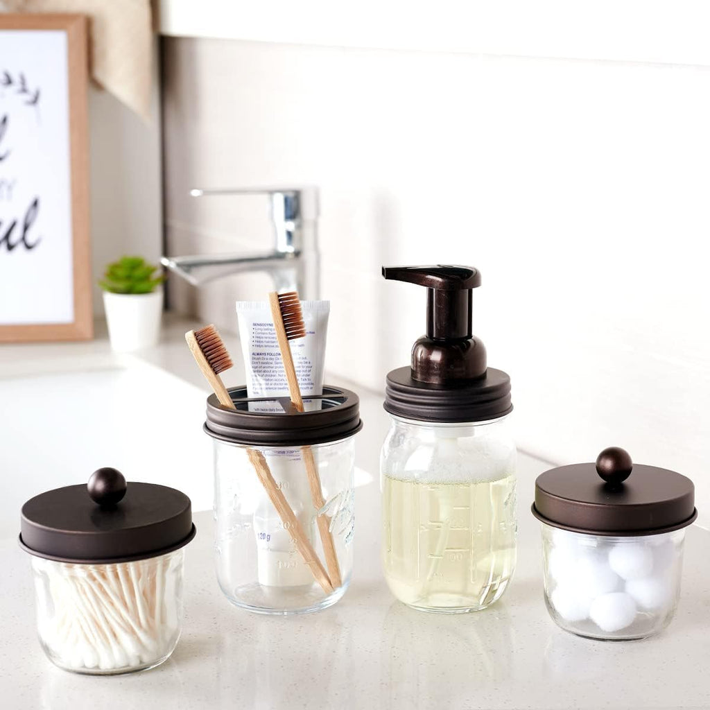 Mason Jar Bathroom Accessories Set, 4Pcs Glass Rustic Bathroom Set | Bronze, Foaming Soap Dispenser, 2 Qtip Holders, Toothbrush Holder, Farmhouse Home Decor, Bathroom Countertop Vanity Organizer