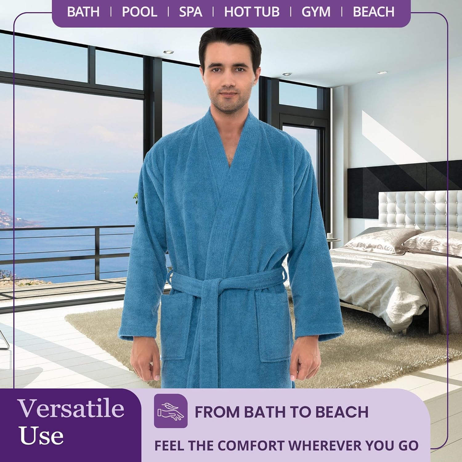Mens Robe Cotton Terry Cloth Bathrobe Soft Kimono Towel Bath Robe for Men XS to 4X