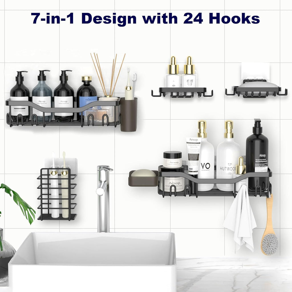 7-Pack Shower Caddy Adhesive,Stainless Steel Shower Organizer Shelf | Rustproof, with Soap Dish Toothbrush Holder, Large Capacity, No-Drill Rack Bathroom Storage Accessories, 24 Hooks, Home Decor