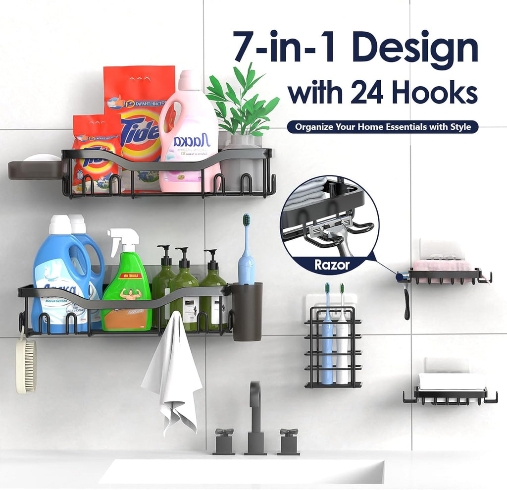 7-Pack Shower Caddy Adhesive,Stainless Steel Shower Organizer Shelf | Rustproof, with Soap Dish Toothbrush Holder, Large Capacity, No-Drill Rack Bathroom Storage Accessories, 24 Hooks, Home Decor