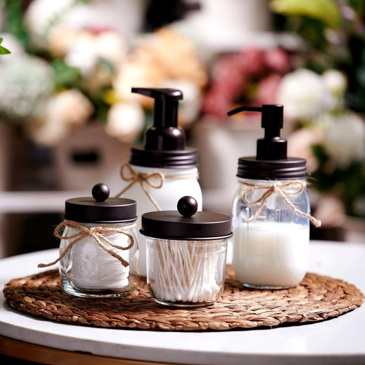 Mason Jar Bathroom Accessories Set, 4Pcs Glass Rustic Bathroom Set | Bronze, Foaming Soap Dispenser, 2 Qtip Holders, Toothbrush Holder, Farmhouse Home Decor, Bathroom Countertop Vanity Organizer