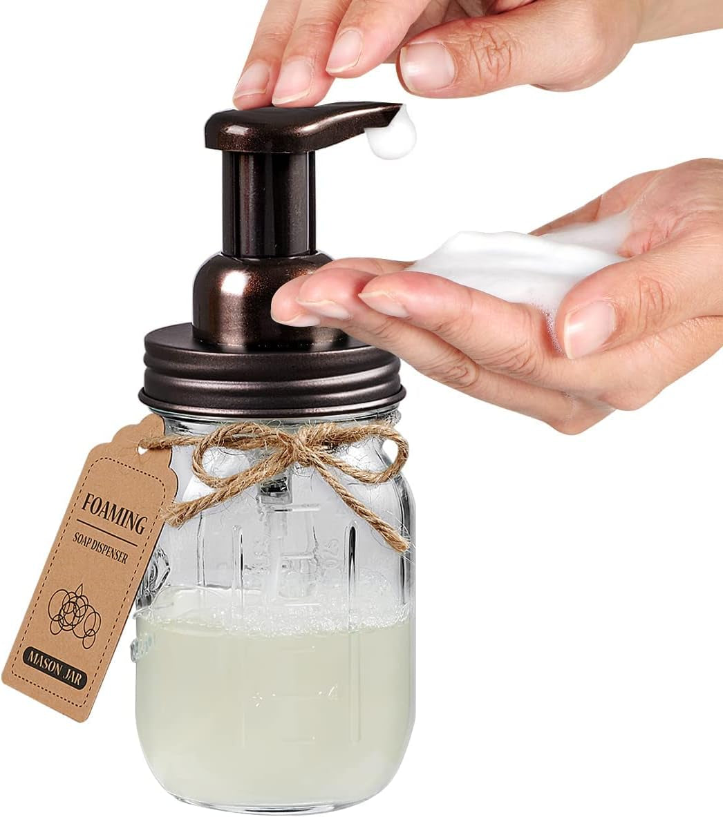 Mason Jar Bathroom Accessories Set, 4Pcs Glass Rustic Bathroom Set | Bronze, Foaming Soap Dispenser, 2 Qtip Holders, Toothbrush Holder, Farmhouse Home Decor, Bathroom Countertop Vanity Organizer