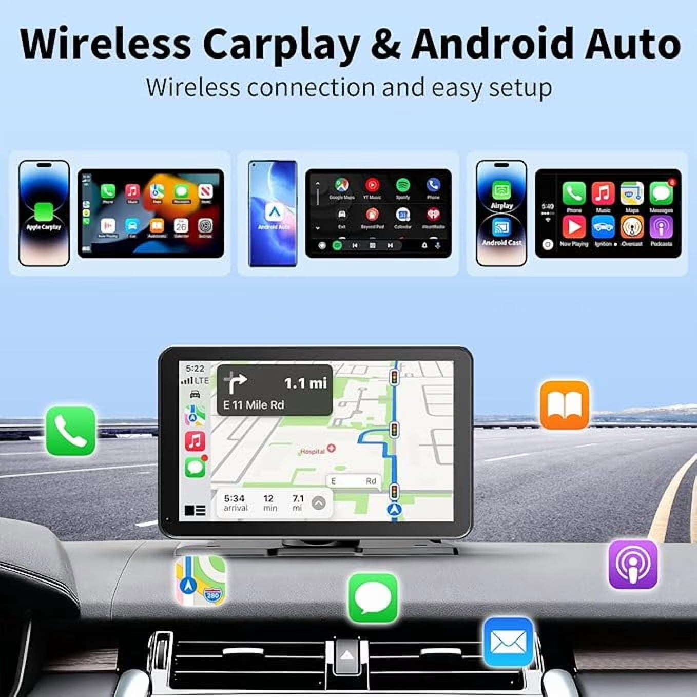 Carplay Screen for Car, 9'' Wireless Carplay & Android Auto - Smart Portable Touchscreen with Bluetooth/Fm, Mirror Link, Voice Control, GPS Navigation, Hands-Free Calling, Plug & Play Car Play Screen