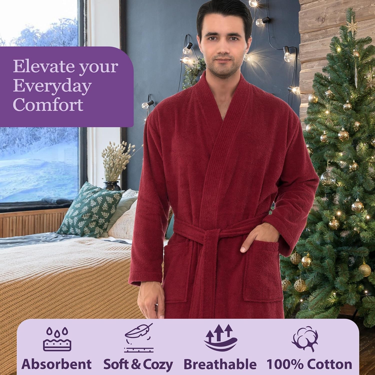 Mens Robe Cotton Terry Cloth Bathrobe Soft Kimono Towel Bath Robe for Men XS to 4X