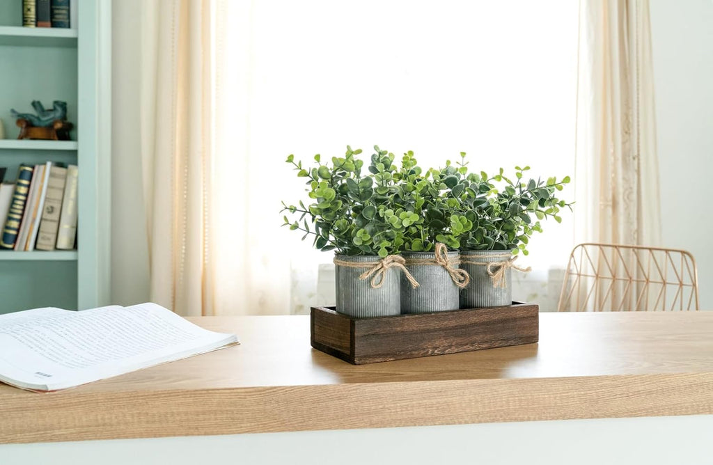 Fake Eucalyptus Plants Farmhouse Table Centerpieces for Dining Room | Set of 3 Galvanized Pots, Brown Wood Tray, for Bathroom Coffee Kitchen Entryway Living Room Decor, No Maintenance Required