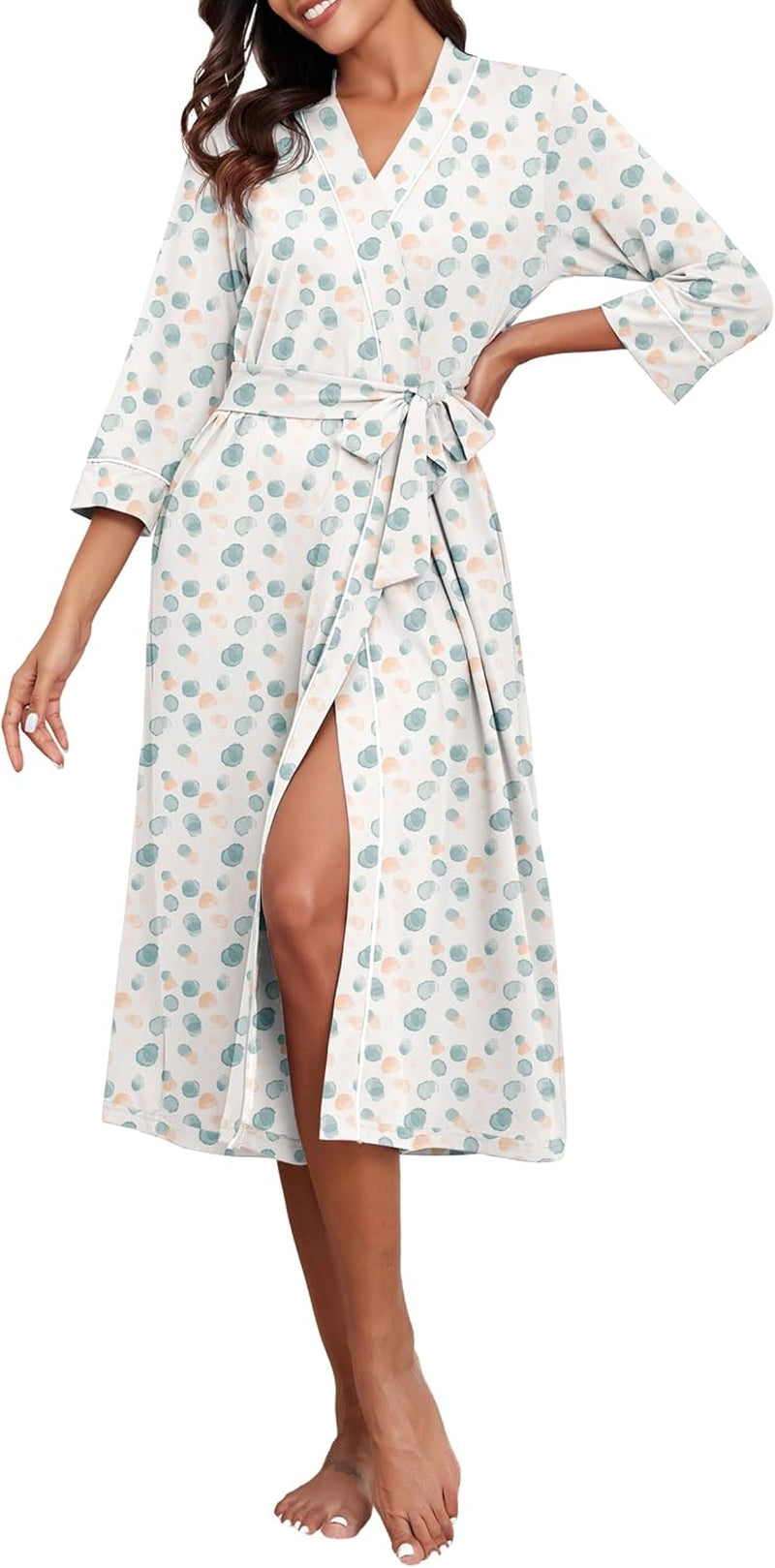 Robes for Women 3/4 Sleeve Long Bath Robe XS-4XL | V-Neck Knit Bathrobe with Pockets, Lightweight, Soft, Breathable Robes for Shower, Spa, Travel, Home, Party, Nursing