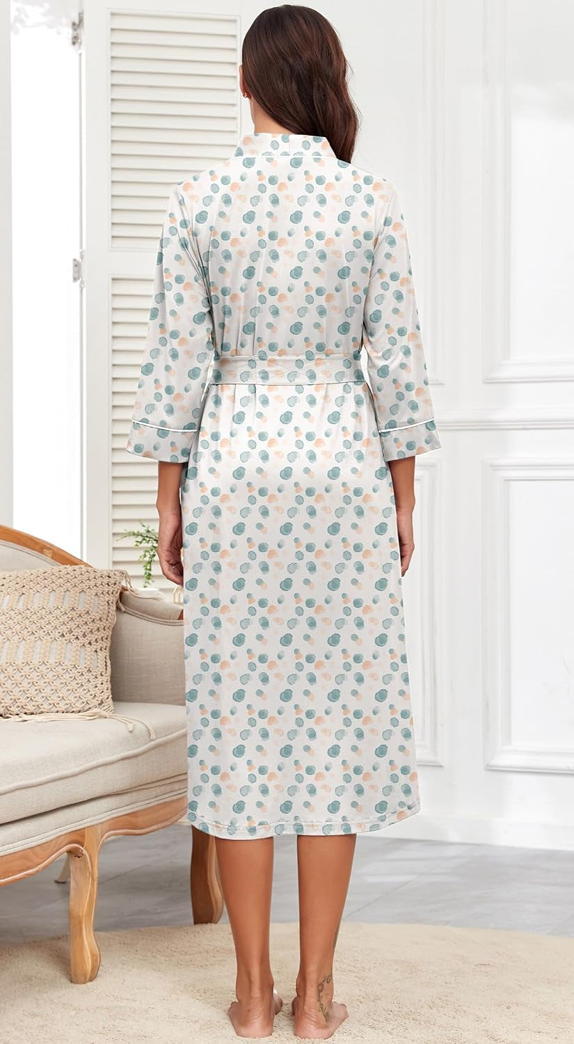 Robes for Women 3/4 Sleeve Long Bath Robe XS-4XL | V-Neck Knit Bathrobe with Pockets, Lightweight, Soft, Breathable Robes for Shower, Spa, Travel, Home, Party, Nursing